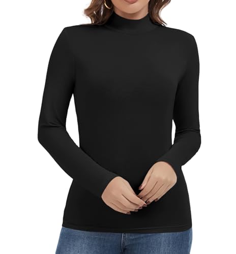 Mock Turtleneck Long Sleeve Tops for Women - Large Black