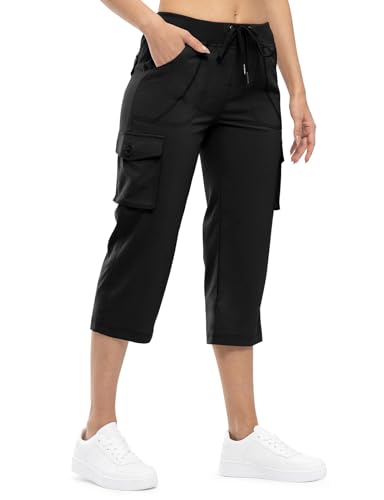 TBMPOY Womens Cargo Capris - Large Black Quick-Dry Hiking Pants, 6-Pocket