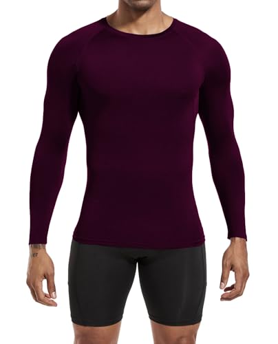 Men's Long Sleeve Compression Shirt - Athletic Base Layer Top - Maroon, Medium