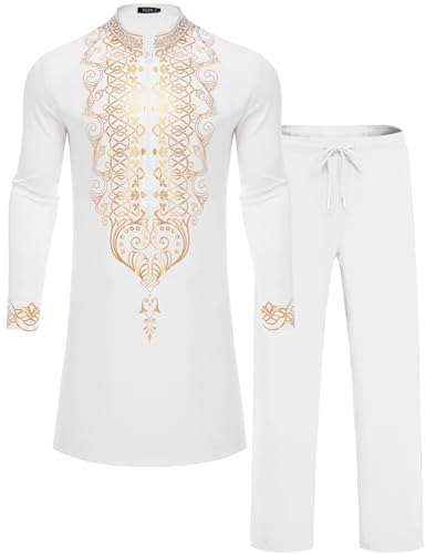 White Men's African Dashiki 2-Piece Set - Gold Stamp Traditional Outfit XL