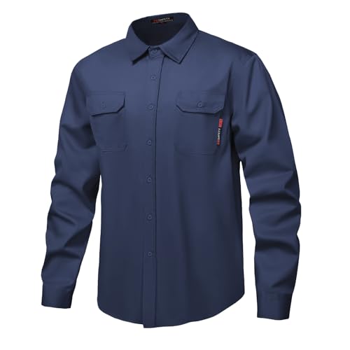 FR Shirt 7oz Fire Resistant Shirts Men's,CAT2 Welding Shirt 100% Cotton Flame Resistant Shirts Navy (X-Large)