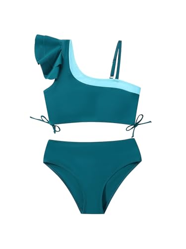 Girls 2 Piece Ruffled Bikini Set - Adjustable Strap Tropical Stripes