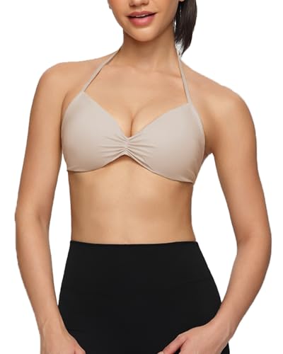 SPVISE Women's Medium Mojave Tan Halter Sports Bra - Adjustable Strappy Activewear Top