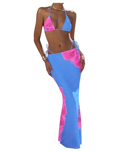 Women's 3-Piece Floral Halter Bikini Set with Beach Cover-Up Skirt