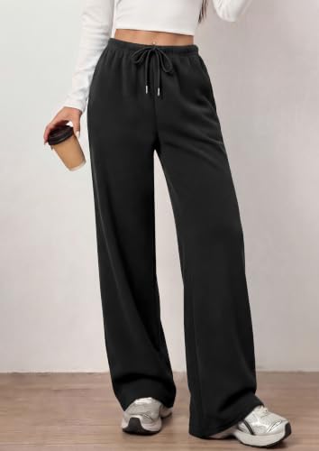 PrettyGarden Womens Wide Leg Fleece Sweatpants, Black, Medium