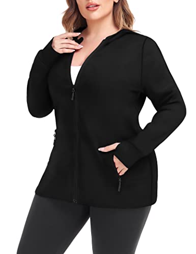 COOTRY Womens Plus Size Full-Zip Workout Jacket 3X A-Thumb Holes Black