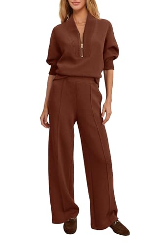 Yanekop 2-Piece Womens Sweatsuit Set - Coffee Large Fall Airport Travel Outfit