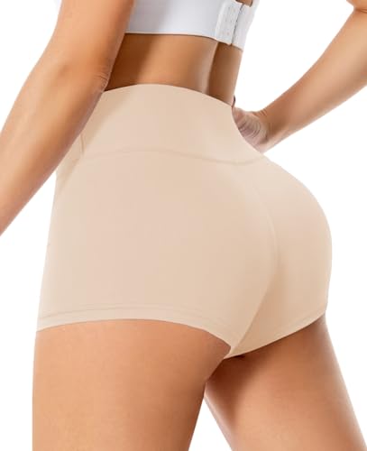 High Waisted Spandex Biker Shorts - 3 Inch, Large-X-Large, Beige
