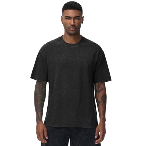 SnowElve Men's Oversized Cotton T-Shirt - Vintage Washed Loose Fit Unisex Casual Tee XL