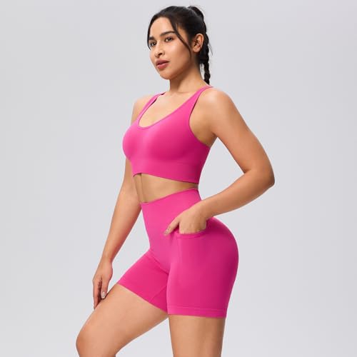 Evercute Women's 5" Seamless Scrunch Butt Lifting Gym Shorts with Pockets - X-Large, Black, Pine Green, French Blue, Magenta Pink, 4 Pack