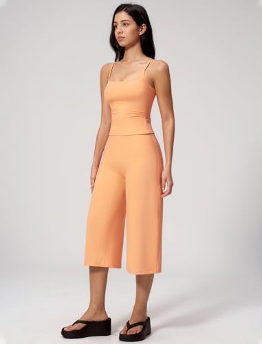 QBGJTD Women's Workout Set with Spaghetti Strap Crop Top & Wide Leg Capri Pants - Medium Orange