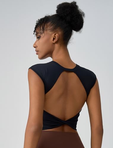 ABOCIW Women’s Twist-Back Built-In Bra Crop Top Black Small – Yoga & Pilates Gym Top
