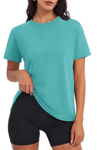 Aqua Short Sleeve Workout Top for Women - Athletic Yoga Shirt - Medium
