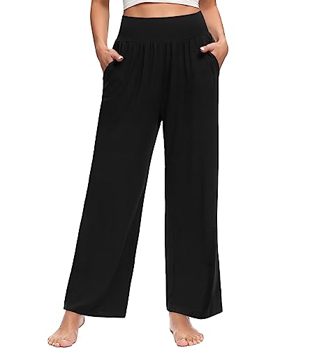 Olikeme Womens High-Waisted Wide-Leg Yoga Pants with Pockets