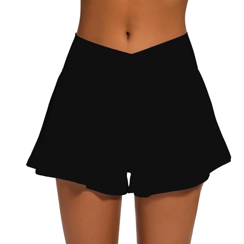 Womens Crossover Athletic Shorts Wide Waistband Flowy Tennis Skorts with Pockets - Black, Medium