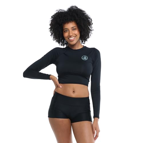 Body Glove Women's Let It Be Long Sleeve Crop Top Rashguard Small Black UPF 50+ Swim Shirt