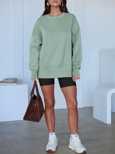 Oversized Fleece Lined Sweatshirt with Thumbhole - Medium Sage Green