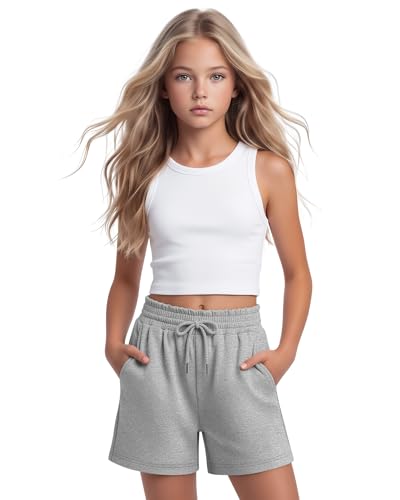 Girls' Drawstring Shorts with Pockets - 11-12 Years, Light Heather Gray