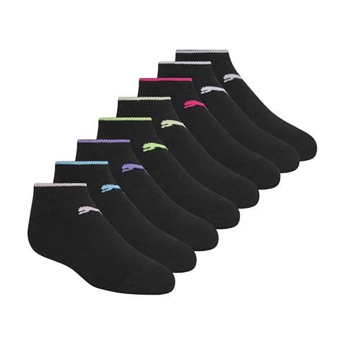 PUMA Girls 8-Pack Low Cut Socks with Cushioned Footbed & Arch Support - Black/Multicolor 7-8.5