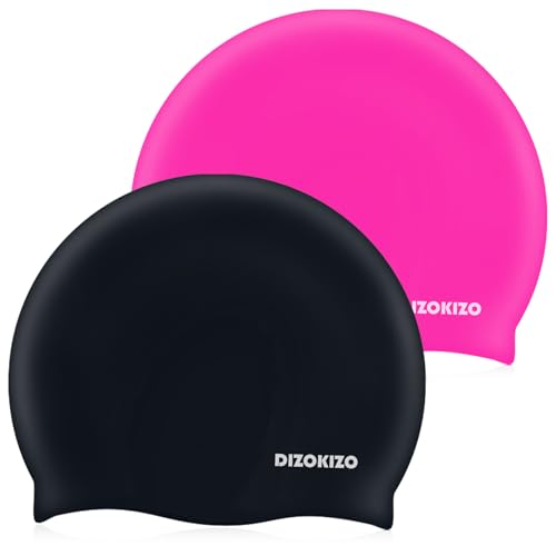 Dizokizo 2-Pack Silicone Swim Caps for Women & Men - Non-Slip Waterproof Hair Hats, Long & Short Hair, Rose Red & Black