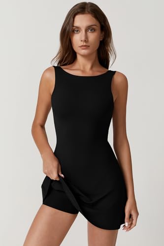 QINSEN Women's Open Back Tennis Dress Small Black Sleeveless Athletic Golf Dress with Pockets