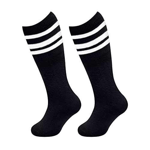 Kids Knee-High Soccer Socks with Stripes - Black/White, 3-6 Years