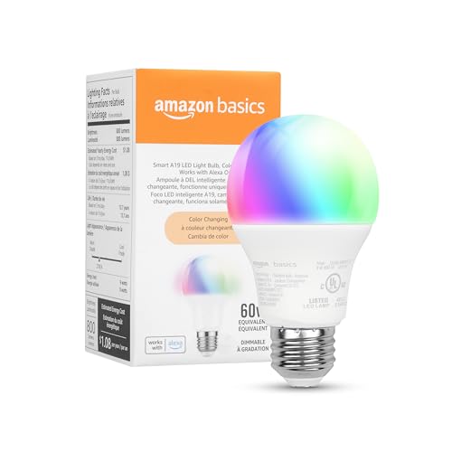 Amazon Basics Smart A19 LED Light Bulb Color Changing 9W (60W Equiv) 800 lm, Works with Alexa, 1-Pack
