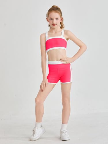 Girls 2 Piece Workout Outfit - Color Block Bra & High Waist Shorts, Rose Red, 7-8 Years