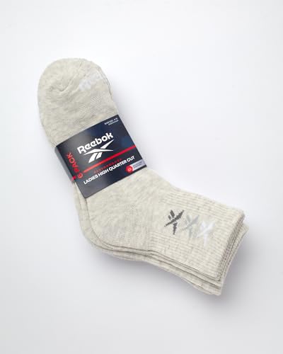 Reebok Women's High Quarter Socks 6-Pack Moisture Wicking Cushioned Crew Oatmeal/White