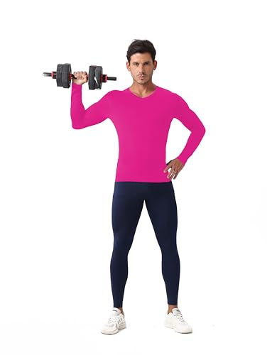 Men's V Neck Compression Shirt - Long Sleeve Workout Top - Hot Pink, Small