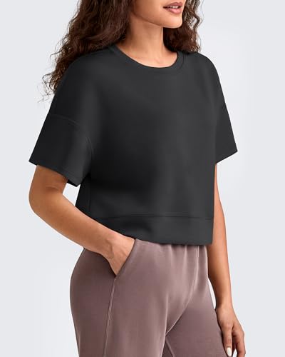 G4Free Smoofit Boxy T-Shirts for Women, Short Sleeve Crew Neck — Black, Medium