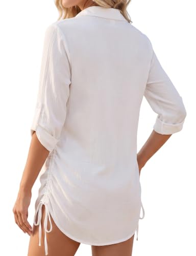 V Neck Drawstring Beach Cover Up Dress for Women - White, Large