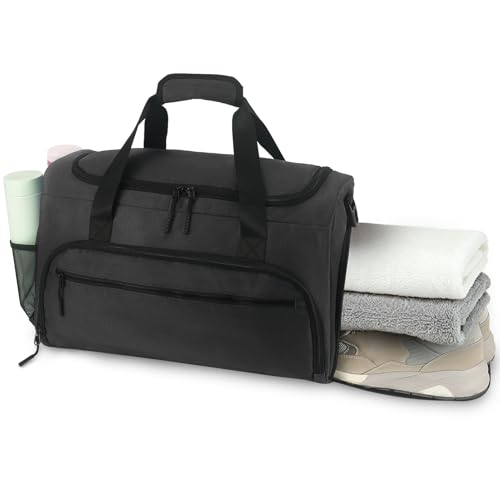 SOAEON Black Gym Duffle Bag for Men & Women with Wet & Shoes Compartments, Water-Resistant Overnight Weekender