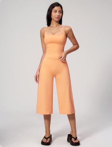 QBGJTD Women's Workout Set with Spaghetti Strap Crop Top & Wide Leg Capri Pants - Medium Orange