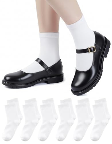 Cotton Girls Socks - Ruffle Crew Ankle School Uniform - Off-white, 6-8 Years