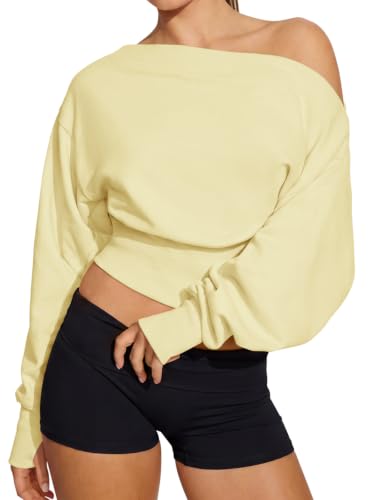 Fisoew Women's Off Shoulder Crop Sweatshirt Small Butter Yellow Oversized Workout Top