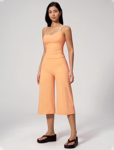QBGJTD Women's Workout Set with Spaghetti Strap Crop Top & Wide Leg Capri Pants - Medium Orange