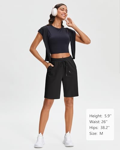 Stelle Women's Cotton Bermuda Shorts 10" Sweat Shorts with Deep Pockets - Black, Large
