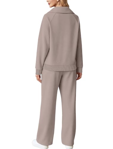Sampeel Women's Cozy Two Piece Sweat Sets - Lounge Matching Clothing, Medium Coffegrey Pink