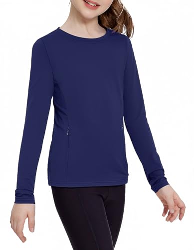 Girls Athletic Long Sleeve Shirt with Zipper Pockets - Navy Blue, 5-6 Years
