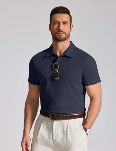 COOFANDY Men's Cotton Polo Shirt - Short Sleeve Golf Casual Work, Large Midnight Blue