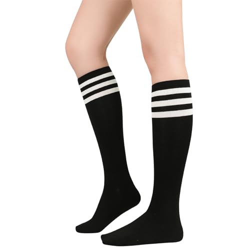 Knee High Stripes Socks for Women - White Stripes Black, One Size