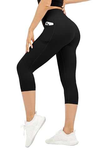 KEEPFAST Capri Leggings with Pockets - High-Waisted Tummy Control Yoga Pants, Black XL-XXL