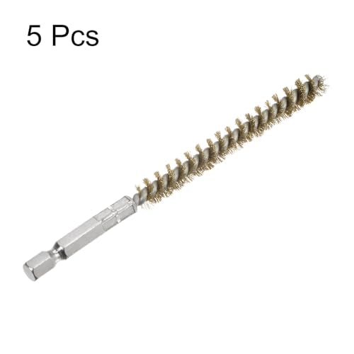HARFINGTON 5Pcs Bore Brush Brass 8mm Dia Cleaning Twisted Bronze Wire Brush Tube Pipe Cleaner with Handle 1/4 Inch Hex Shank for Tubes, Ports, Bearings