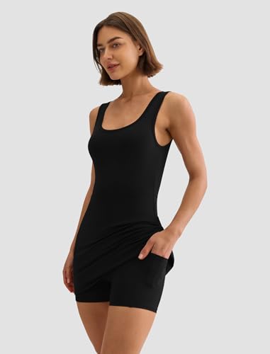DLOODA Women's Athletic Mini Tennis Dress with Built-in Shorts & Pockets - Small Black