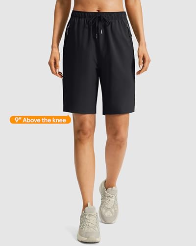 Viodia Women's 9/11 Bermuda Shorts with Zipper Pockets - Black, Large, 9" Inseam