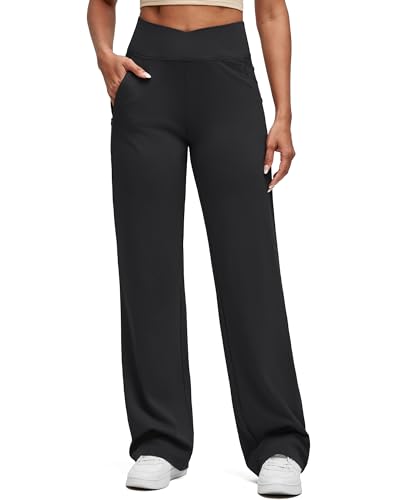 G4Free Women's High Waist Wide Leg Yoga Pants Black Medium - Cross Waist Casual Trousers with Zipper Pockets, 29/31/33 Inches