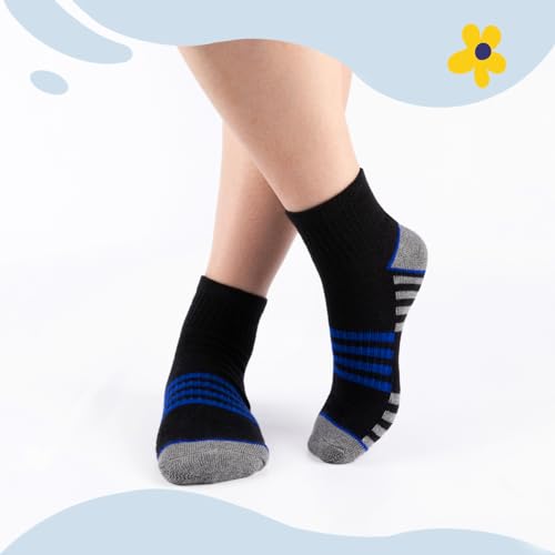 Boys Athletic Quarter Socks - Cushioned Ankle Sports Socks - 6 Pairs, Sizes 7-10 Years, Black