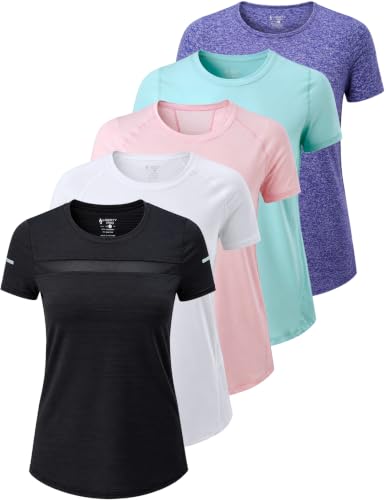 Women's Dry Fit Short Sleeve Workout Tops - 5 Pack, Medium, Pink/White/Black/Purple/Turquoise