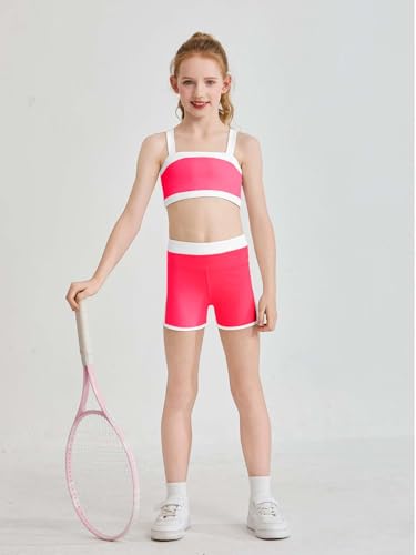 Girls 2 Piece Workout Outfit - Color Block Bra & High Waist Shorts, Rose Red, 7-8 Years